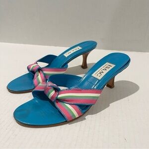 Women’s Vintage Isaac Mizrahi Blue & Pink Leather Heel Sandals Size 6!
